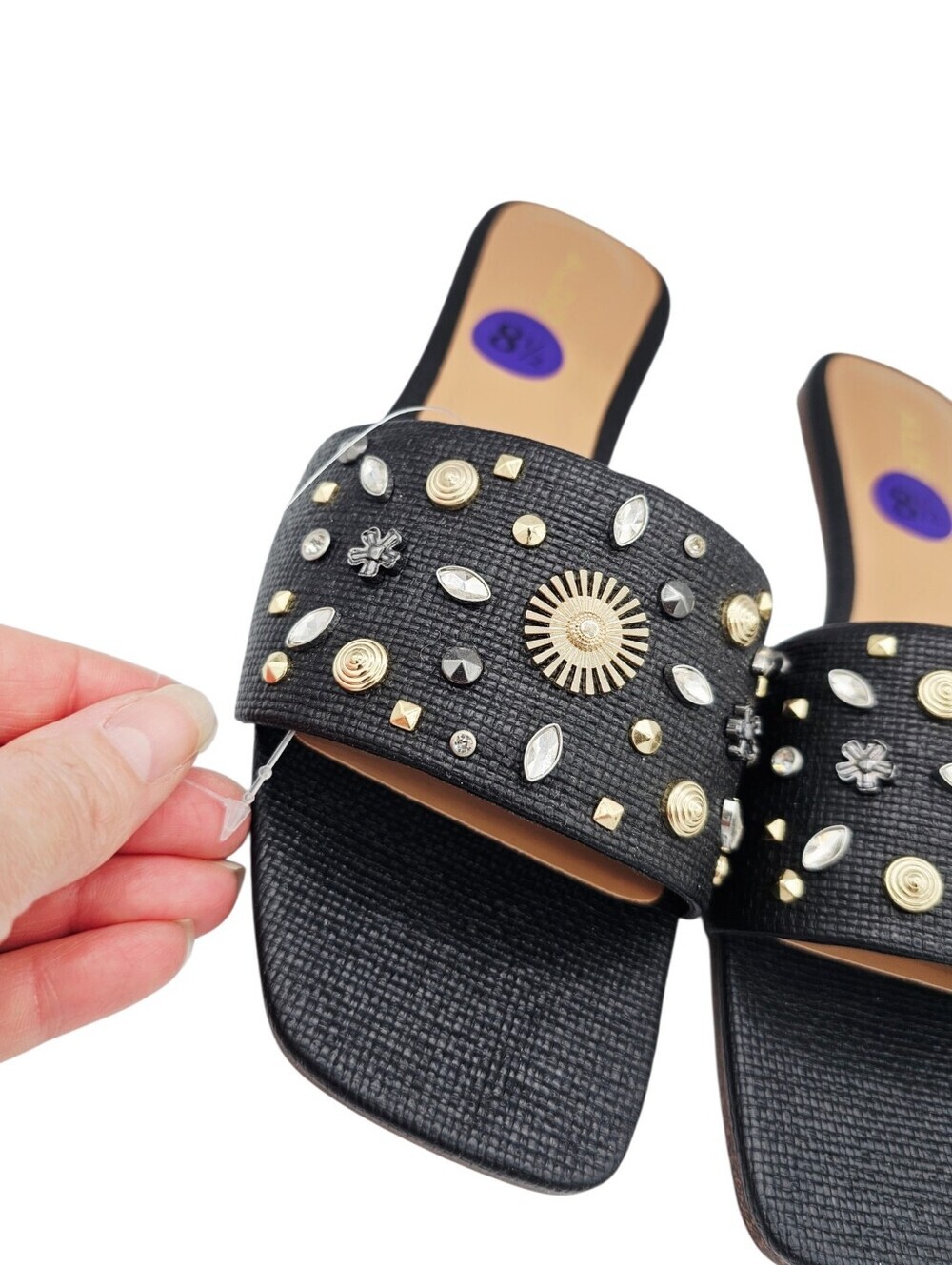 ALDO Itsandal Black Slide Sandals with Studded Rhinestones Embellishments NWOT - Picture 10 of 11